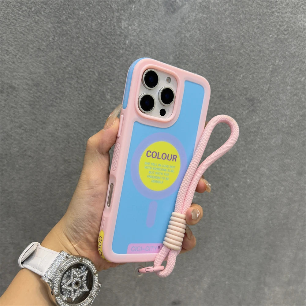 Luxury With Lanyard For Magsafe Matte Silicone Phone Case For IPhone 14 15 16 Pro Max Magnetic Wireless Charge Bumper Back Cover
