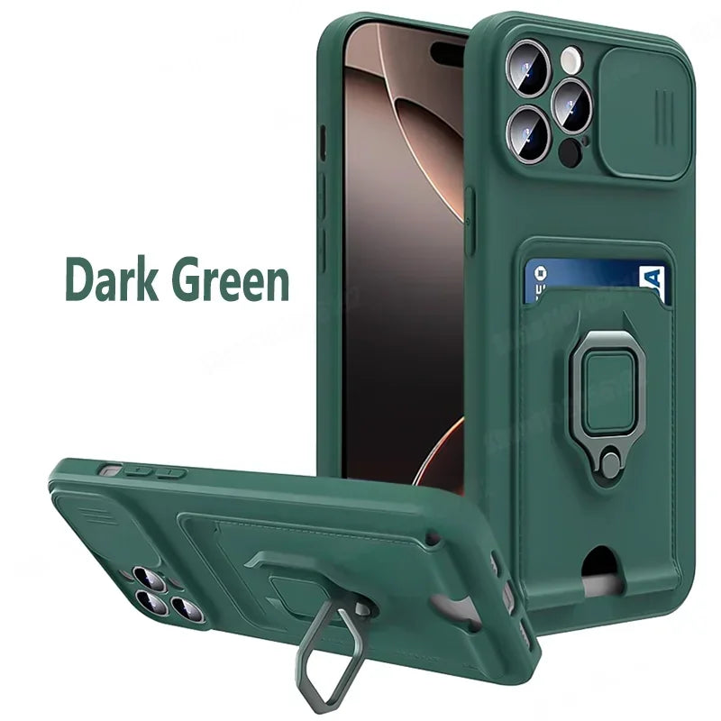 Slide Camera Protection Cover For iPhone 16 Pro Max 13 12 Mini 14 Plus 11 15 Pro Max Card Slot Magnetic Ring Bracket Phone Cases
