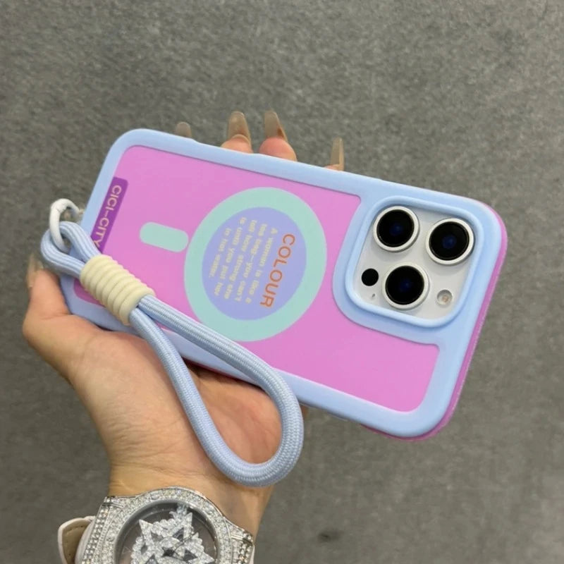 Luxury With Lanyard For Magsafe Matte Silicone Phone Case For IPhone 14 15 16 Pro Max Magnetic Wireless Charge Bumper Back Cover