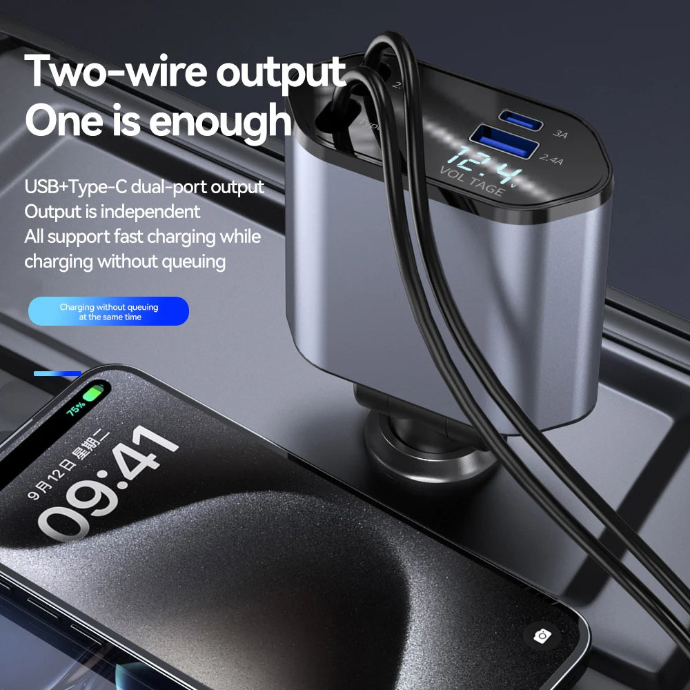 120W 4 IN 1 Retractable Car Charger USB C Cable For Fast Charge Cord Cigarette Lighter Adapter PD QC3.0
