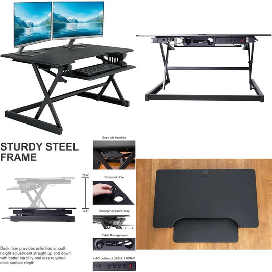 Height Adjustable Standing Desk Converter with AC Outlet and USB Charger - Sit Stand Up Dual Monitor Table for Ergonomic Workspa