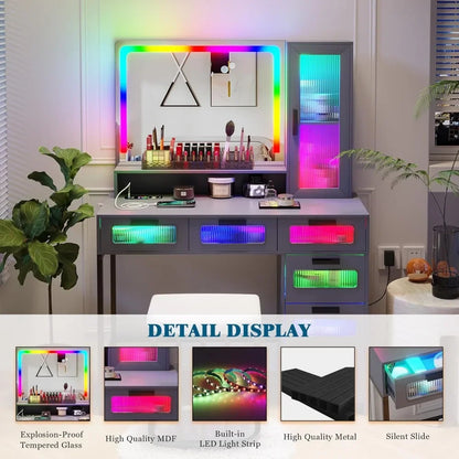 New Trend-RGB Vanity Desk With Mirror And Lights, LED Vanity Makeup Desk With USB/Wireless Charger Station, Vanities Dressing Ta
