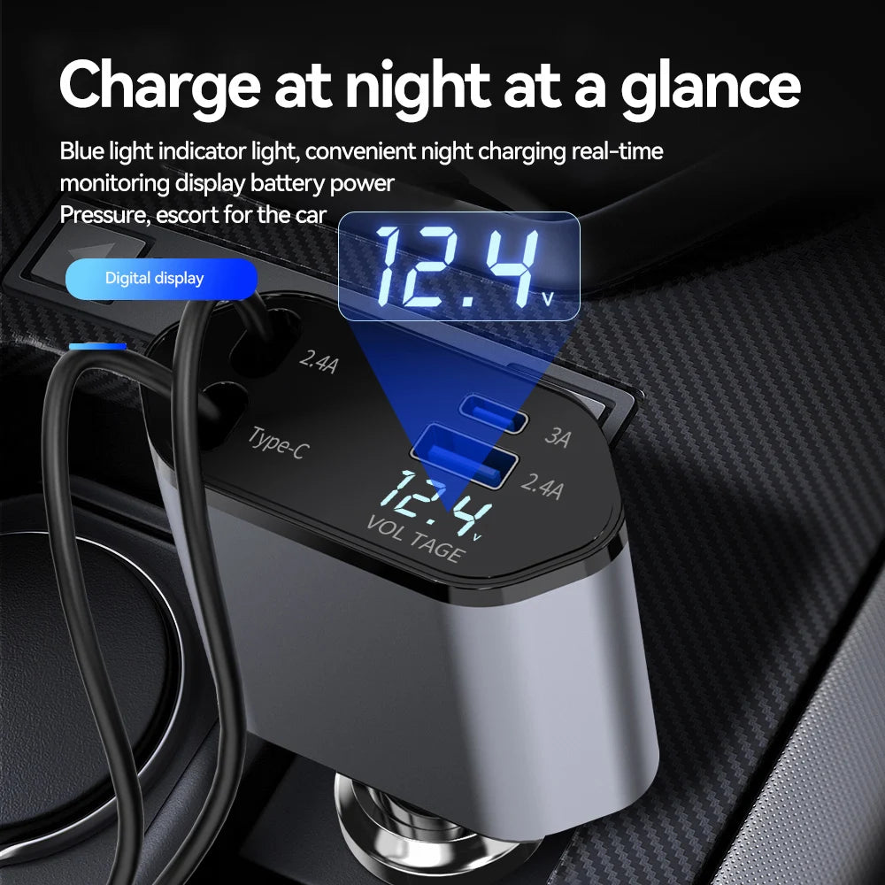 120W 4 IN 1 Retractable Car Charger USB C Cable For Fast Charge Cord Cigarette Lighter Adapter PD QC3.0
