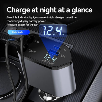 120W 4 IN 1 Retractable Car Charger USB C Cable For Fast Charge Cord Cigarette Lighter Adapter PD QC3.0