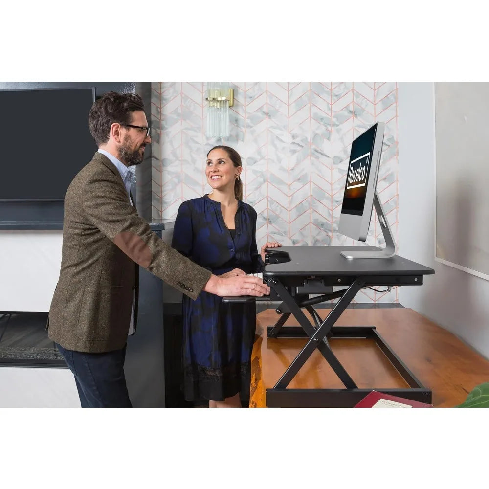 Height Adjustable Standing Desk Converter with AC Outlet and USB Charger - Sit Stand Up Dual Monitor Table for Ergonomic Workspa