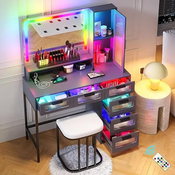 New Trend-RGB Vanity Desk With Mirror And Lights, LED Vanity Makeup Desk With USB/Wireless Charger Station, Vanities Dressing Ta