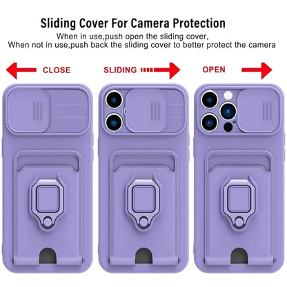 Slide Camera Protection Cover For iPhone 16 Pro Max 13 12 Mini 14 Plus 11 15 Pro Max Card Slot Magnetic Ring Bracket Phone Cases