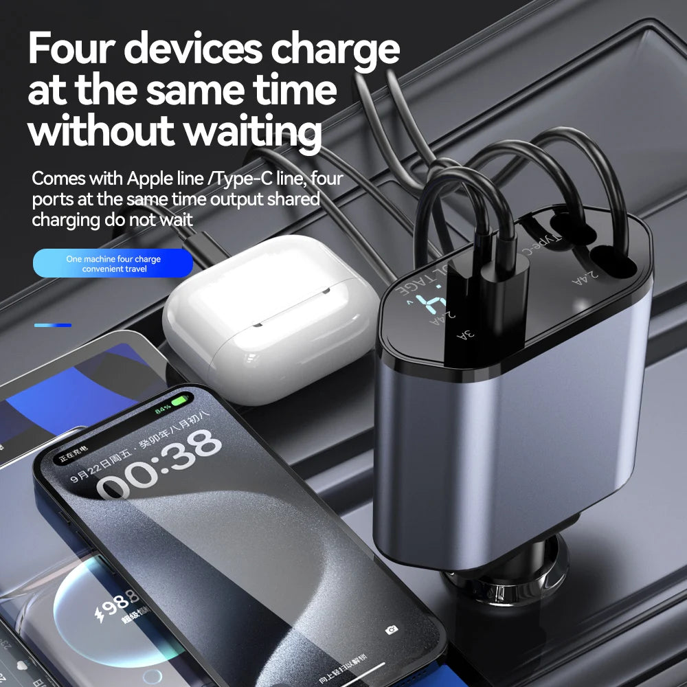 120W 4 IN 1 Retractable Car Charger USB C Cable For Fast Charge Cord Cigarette Lighter Adapter PD QC3.0