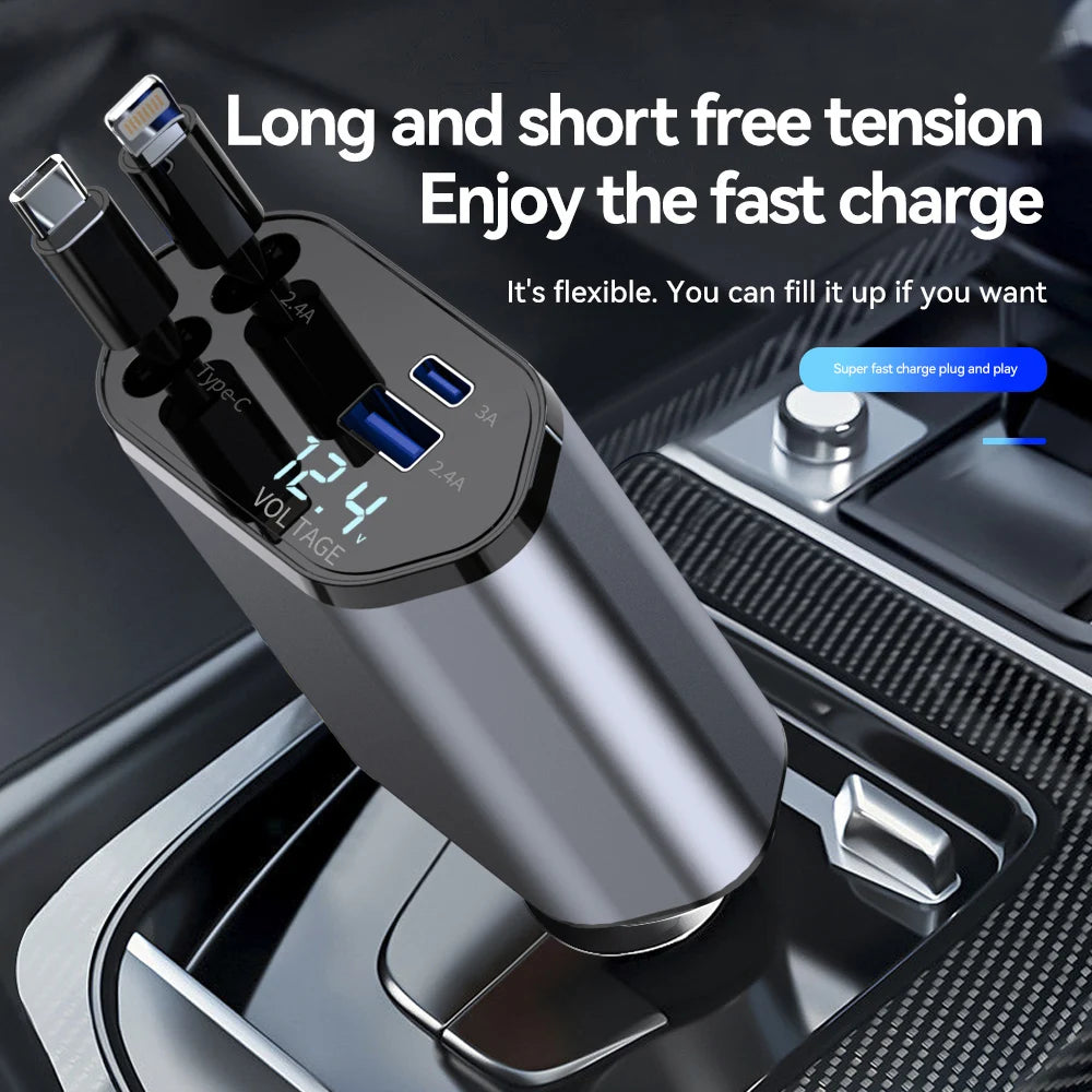 120W 4 IN 1 Retractable Car Charger USB C Cable For Fast Charge Cord Cigarette Lighter Adapter PD QC3.0