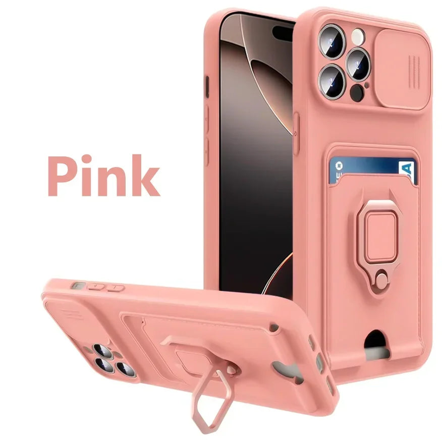 Slide Camera Protection Cover For iPhone 16 Pro Max 13 12 Mini 14 Plus 11 15 Pro Max Card Slot Magnetic Ring Bracket Phone Cases