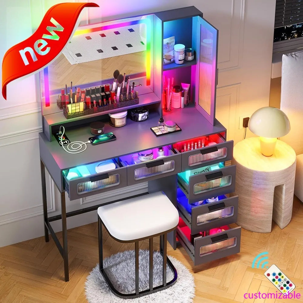 New Trend-RGB Vanity Desk With Mirror And Lights, LED Vanity Makeup Desk With USB/Wireless Charger Station, Vanities Dressing Ta