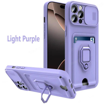 Slide Camera Protection Cover For iPhone 16 Pro Max 13 12 Mini 14 Plus 11 15 Pro Max Card Slot Magnetic Ring Bracket Phone Cases