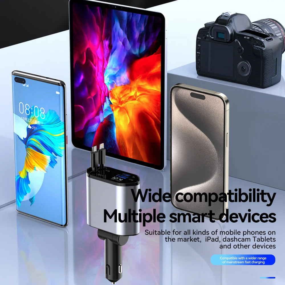 120W 4 IN 1 Retractable Car Charger USB C Cable For Fast Charge Cord Cigarette Lighter Adapter PD QC3.0