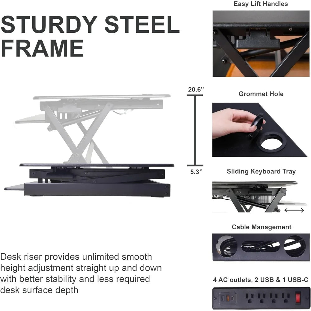 Height Adjustable Standing Desk Converter with AC Outlet and USB Charger - Sit Stand Up Dual Monitor Table for Ergonomic Workspa