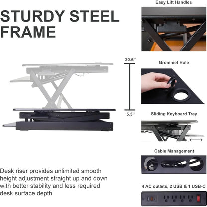 Height Adjustable Standing Desk Converter with AC Outlet and USB Charger - Sit Stand Up Dual Monitor Table for Ergonomic Workspa