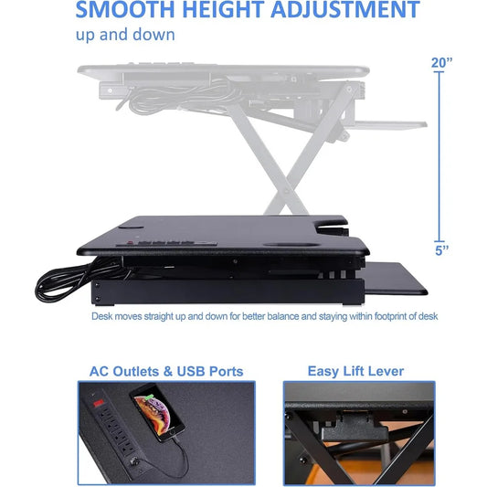 Height Adjustable Standing Desk Converter with AC USB Charger and Double Monitor Mount Arm - Ergonomic Sit Stand Triple Screen S