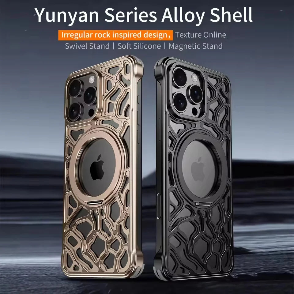 Magnetic Metal Anti-Fall Phone Case For iPhone 15 16 17 Pro Max 360 Degree Rotation Aluminum Alloy Shockproof Cover