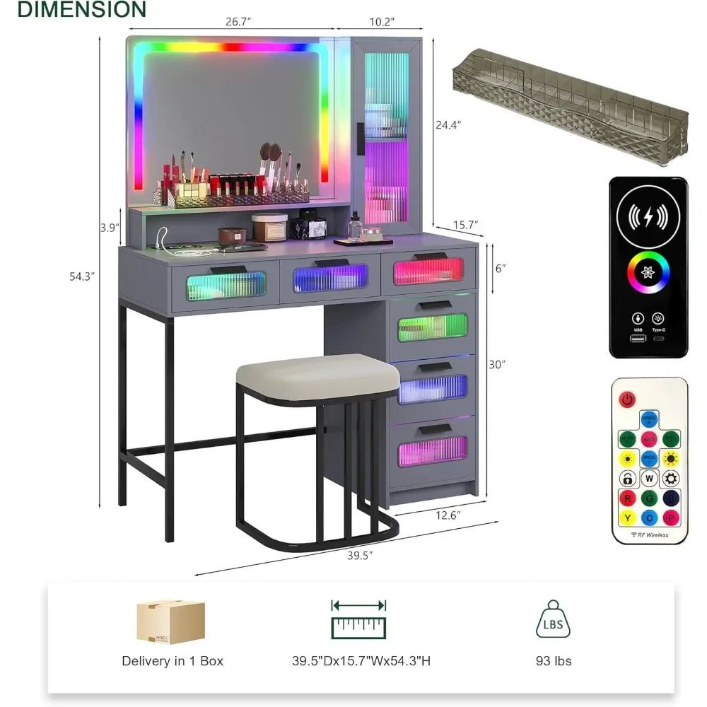 New Trend-RGB Vanity Desk With Mirror And Lights, LED Vanity Makeup Desk With USB/Wireless Charger Station, Vanities Dressing Ta