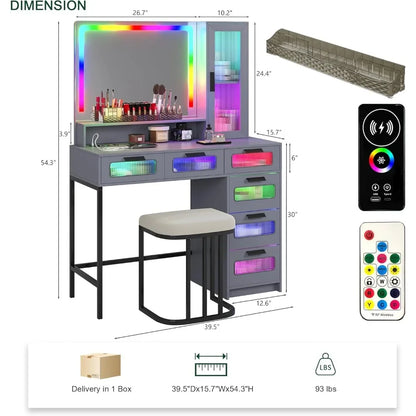 New Trend-RGB Vanity Desk With Mirror And Lights, LED Vanity Makeup Desk With USB/Wireless Charger Station, Vanities Dressing Ta