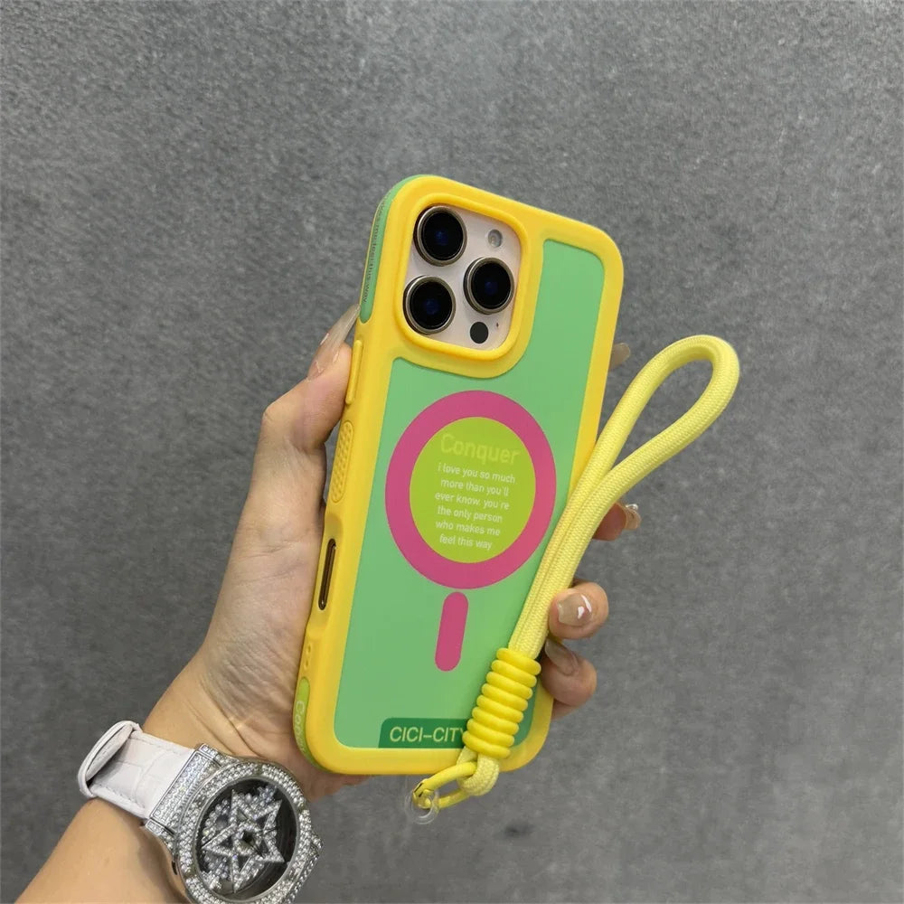 Luxury With Lanyard For Magsafe Matte Silicone Phone Case For IPhone 14 15 16 Pro Max Magnetic Wireless Charge Bumper Back Cover
