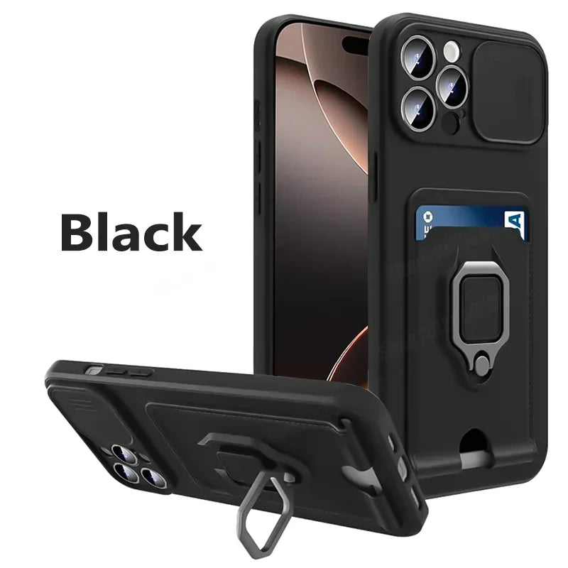 Slide Camera Protection Cover For iPhone 16 Pro Max 13 12 Mini 14 Plus 11 15 Pro Max Card Slot Magnetic Ring Bracket Phone Cases