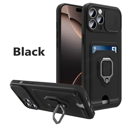 Slide Camera Protection Cover For iPhone 16 Pro Max 13 12 Mini 14 Plus 11 15 Pro Max Card Slot Magnetic Ring Bracket Phone Cases