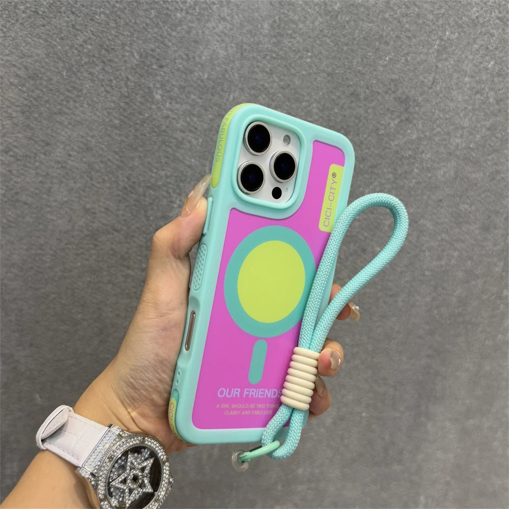 Luxury With Lanyard For Magsafe Matte Silicone Phone Case For IPhone 14 15 16 Pro Max Magnetic Wireless Charge Bumper Back Cover