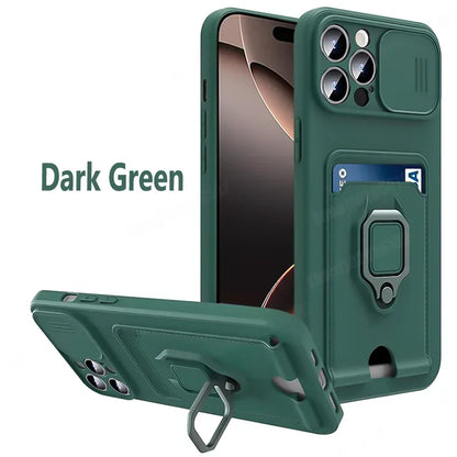 Slide Camera Protection Cover For iPhone 16 Pro Max 13 12 Mini 14 Plus 11 15 Pro Max Card Slot Magnetic Ring Bracket Phone Cases