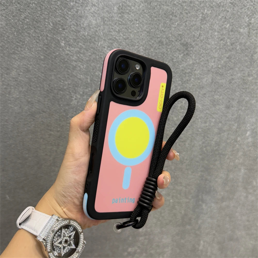 Luxury With Lanyard For Magsafe Matte Silicone Phone Case For IPhone 14 15 16 Pro Max Magnetic Wireless Charge Bumper Back Cover