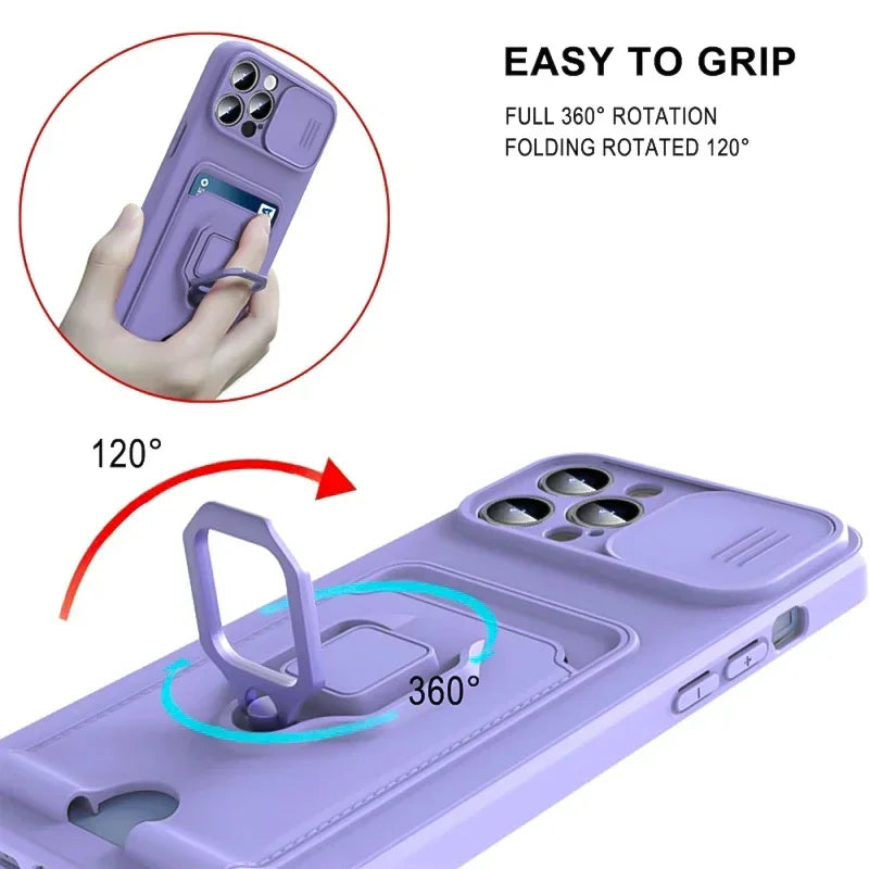 Slide Camera Protection Cover For iPhone 16 Pro Max 13 12 Mini 14 Plus 11 15 Pro Max Card Slot Magnetic Ring Bracket Phone Cases