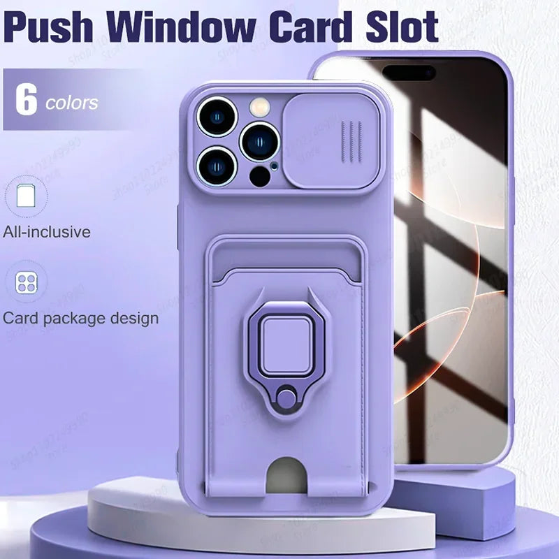 Slide Camera Protection Cover For iPhone 16 Pro Max 13 12 Mini 14 Plus 11 15 Pro Max Card Slot Magnetic Ring Bracket Phone Cases