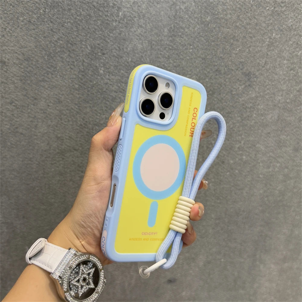 Luxury With Lanyard For Magsafe Matte Silicone Phone Case For IPhone 14 15 16 Pro Max Magnetic Wireless Charge Bumper Back Cover