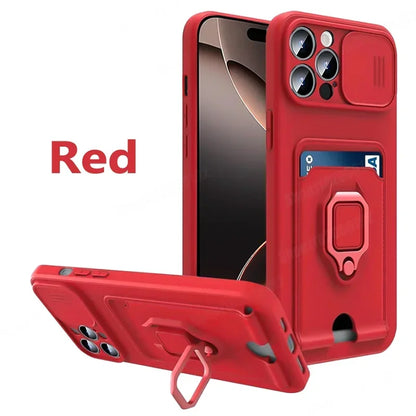 Slide Camera Protection Cover For iPhone 16 Pro Max 13 12 Mini 14 Plus 11 15 Pro Max Card Slot Magnetic Ring Bracket Phone Cases