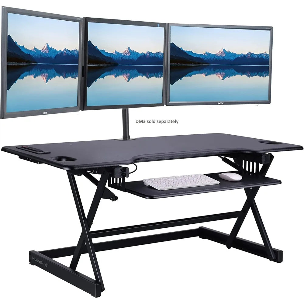 Height Adjustable Standing Desk Converter with AC USB Charger and Double Monitor Mount Arm - Ergonomic Sit Stand Triple Screen S