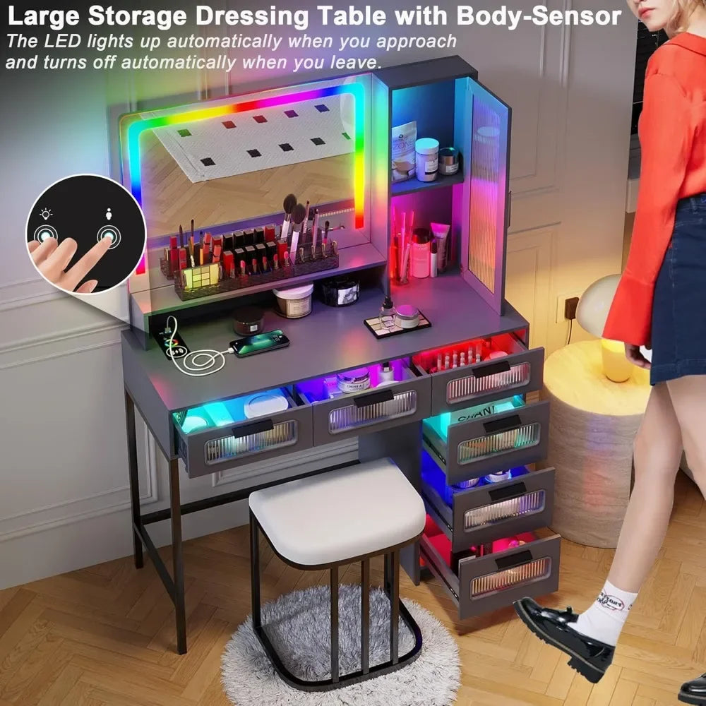 New Trend-RGB Vanity Desk With Mirror And Lights, LED Vanity Makeup Desk With USB/Wireless Charger Station, Vanities Dressing Ta