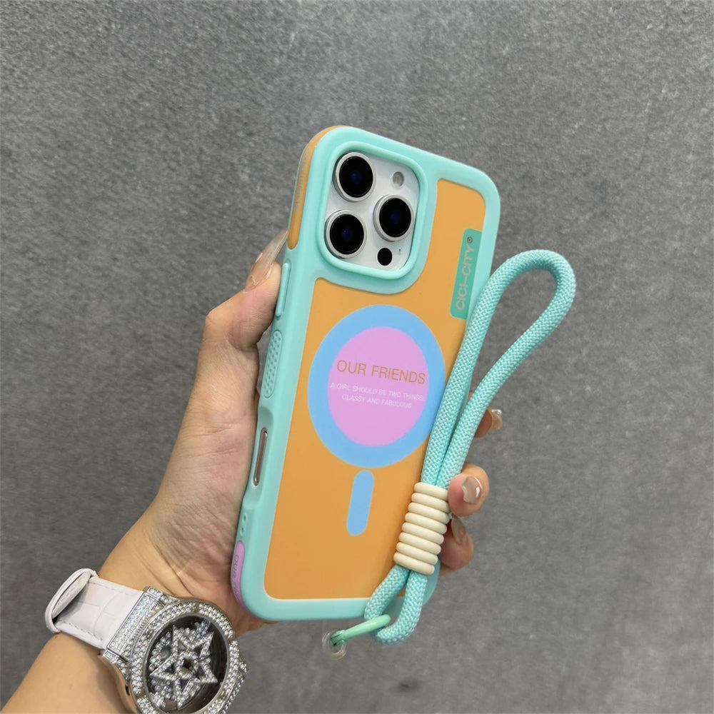 Luxury With Lanyard For Magsafe Matte Silicone Phone Case For IPhone 14 15 16 Pro Max Magnetic Wireless Charge Bumper Back Cover