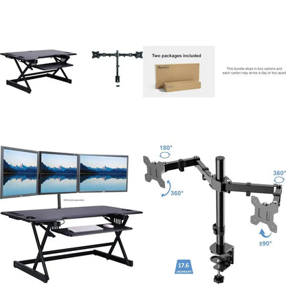 Height Adjustable Standing Desk Converter with AC USB Charger and Double Monitor Mount Arm - Ergonomic Sit Stand Triple Screen S
