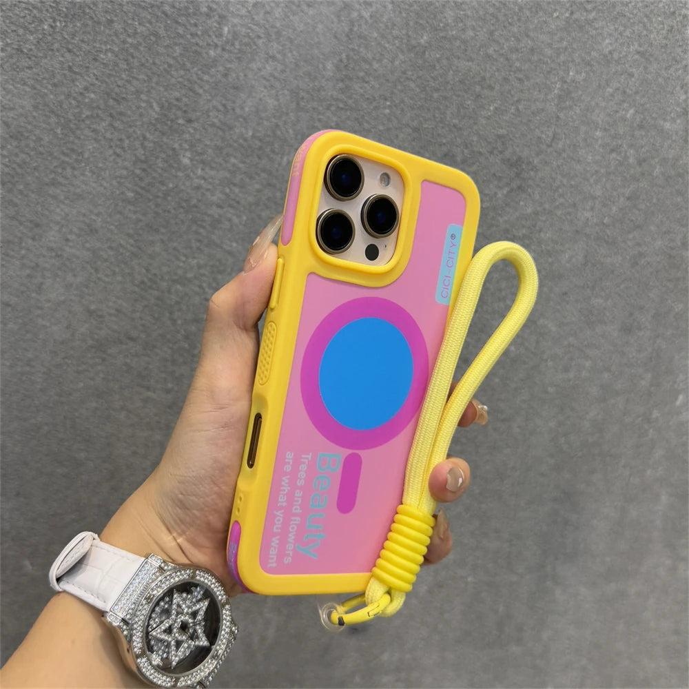 Luxury With Lanyard For Magsafe Matte Silicone Phone Case For IPhone 14 15 16 Pro Max Magnetic Wireless Charge Bumper Back Cover