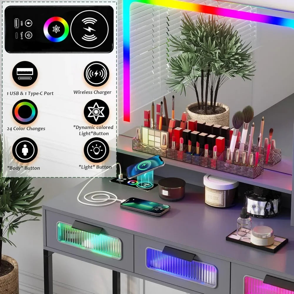 New Trend-RGB Vanity Desk With Mirror And Lights, LED Vanity Makeup Desk With USB/Wireless Charger Station, Vanities Dressing Ta