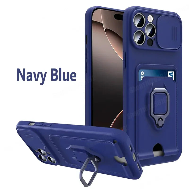 Slide Camera Protection Cover For iPhone 16 Pro Max 13 12 Mini 14 Plus 11 15 Pro Max Card Slot Magnetic Ring Bracket Phone Cases
