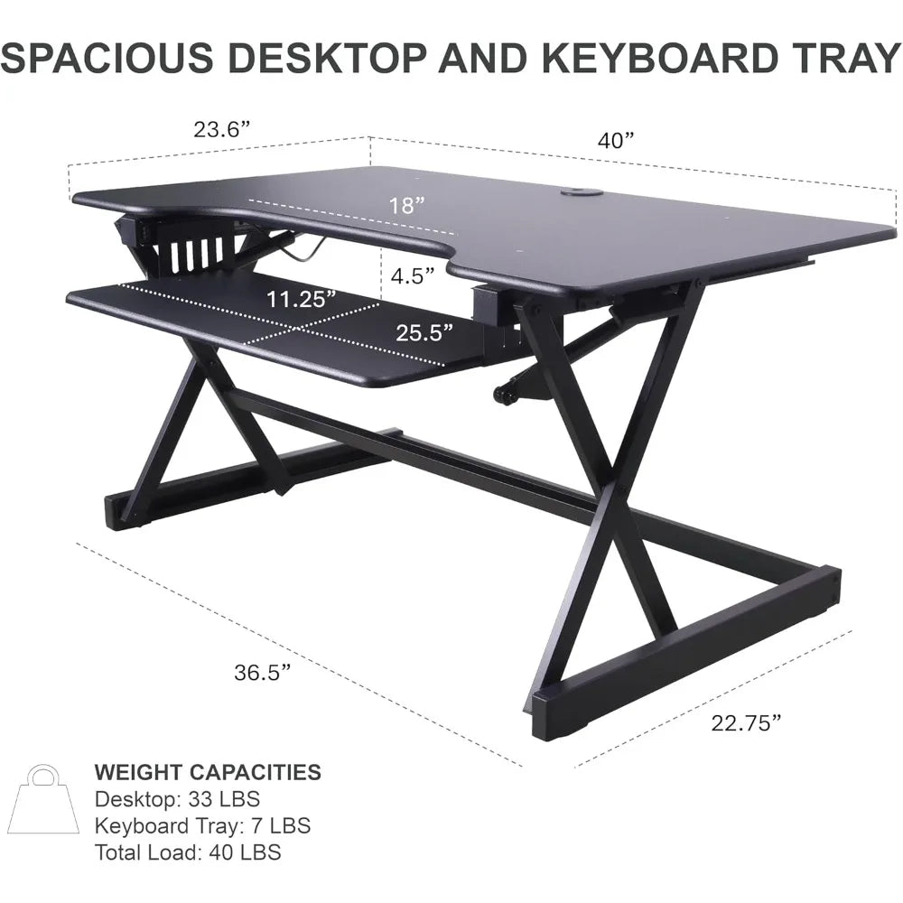 Height Adjustable Standing Desk Converter with AC Outlet and USB Charger - Sit Stand Up Dual Monitor Table for Ergonomic Workspa
