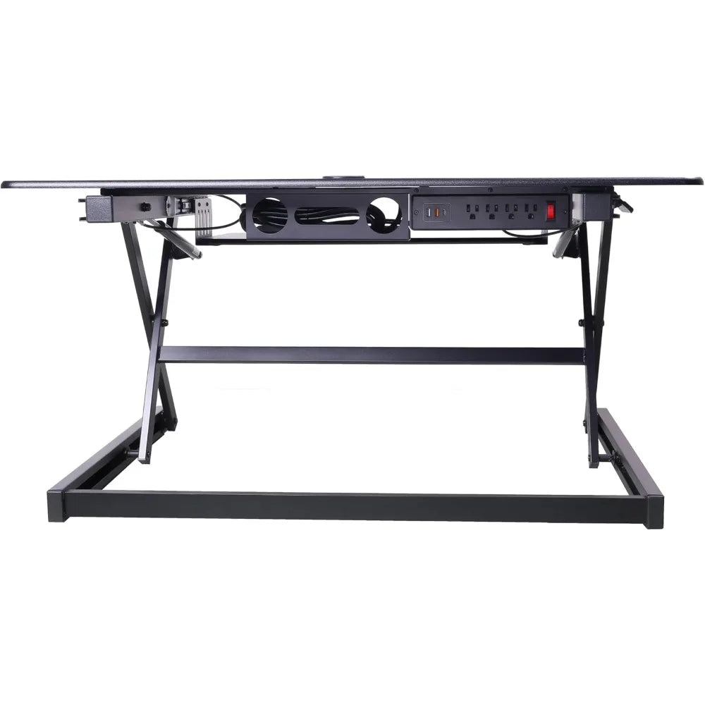 Height Adjustable Standing Desk Converter with AC Outlet and USB Charger - Sit Stand Up Dual Monitor Table for Ergonomic Workspa