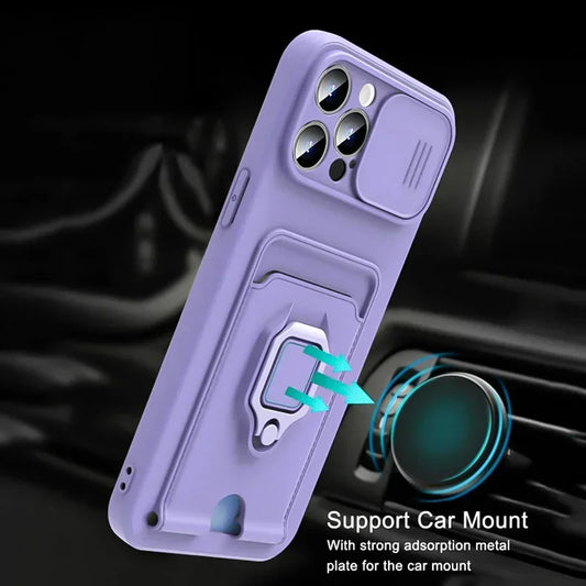 Slide Camera Protection Cover For iPhone 16 Pro Max 13 12 Mini 14 Plus 11 15 Pro Max Card Slot Magnetic Ring Bracket Phone Cases