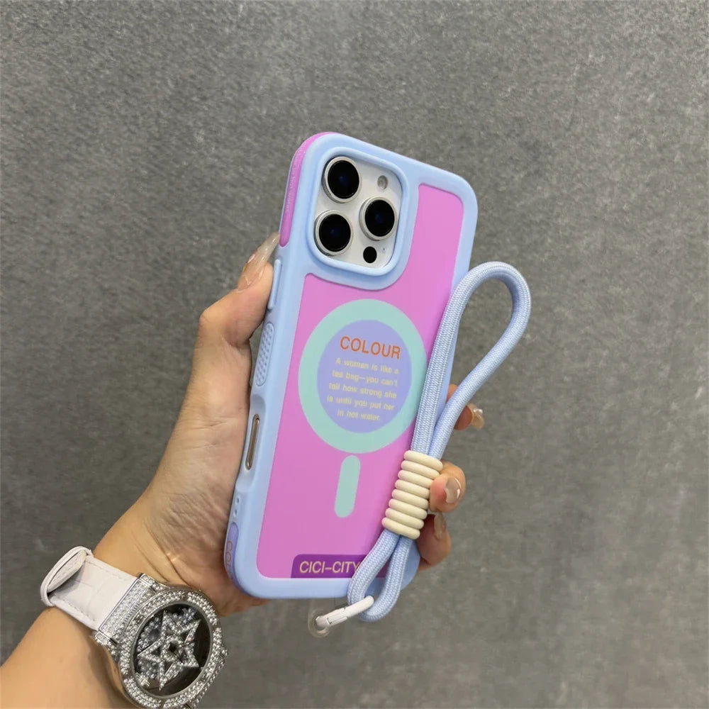 Luxury With Lanyard For Magsafe Matte Silicone Phone Case For IPhone 14 15 16 Pro Max Magnetic Wireless Charge Bumper Back Cover