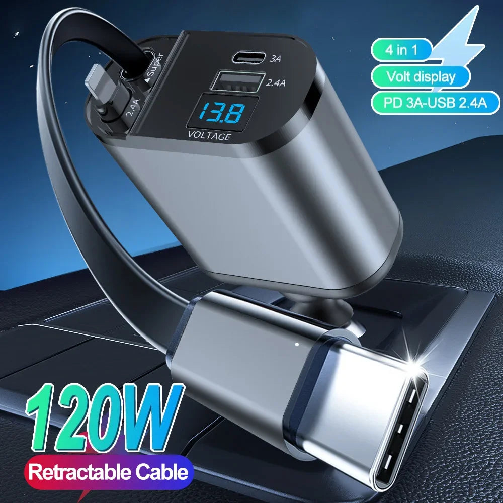 120W 4 IN 1 Retractable Car Charger USB C Cable For Fast Charge Cord Cigarette Lighter Adapter PD QC3.0